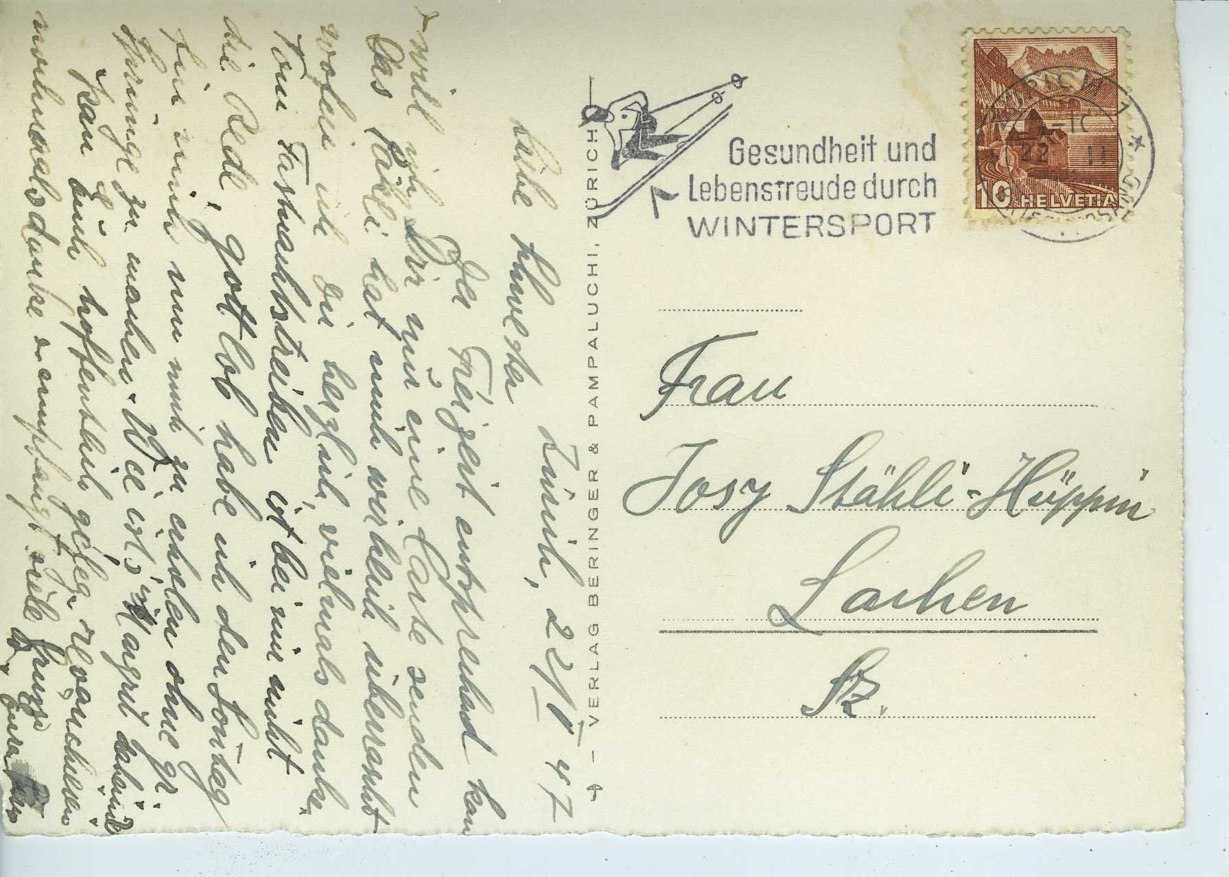 Ansichtskarten: Zürich im Winter - 1947 – Gebraucht aus Schleitheim von Pmschlaate 1
