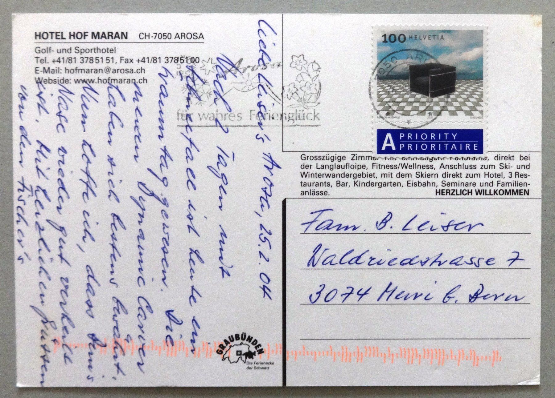 Ansichtskarten: Hotel Hof Maran, Arosa – Gebraucht aus Fétigny von Billy2miny 1