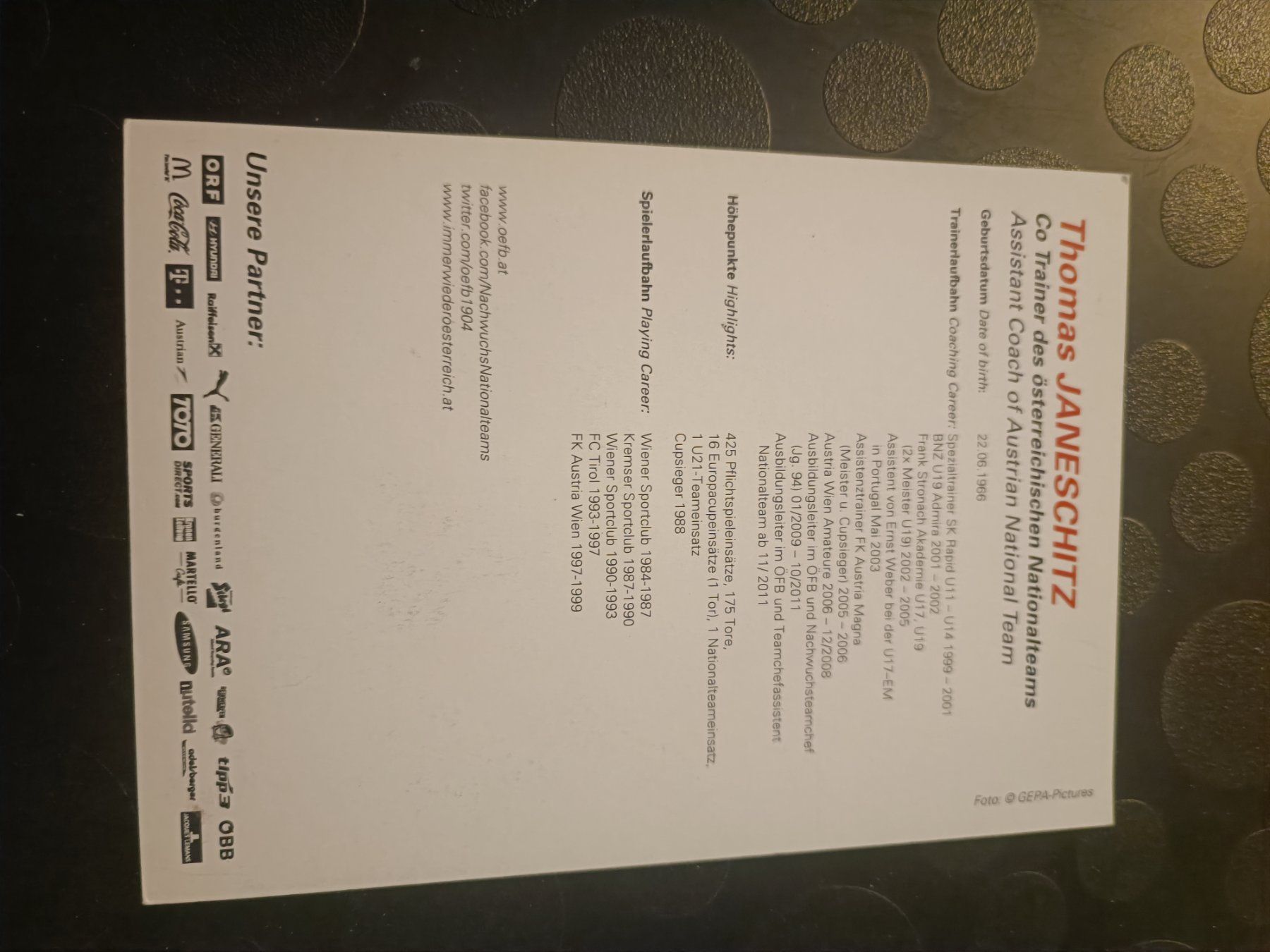 Autogramme: Thomas Janeschitz - handsig.  ÖFB Autogrammkarte von 2016 – Gebraucht aus Menziken von Artographs 1