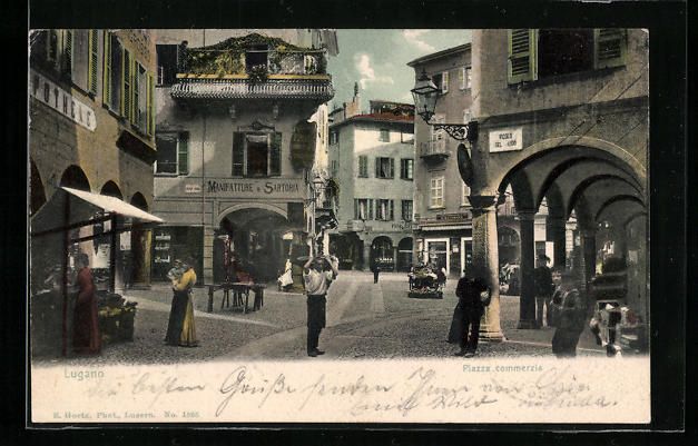 Cartoline postali: AK Lugano, Piazza commerzia, 1903 – Usato da Berlin venduto da bartko-reher