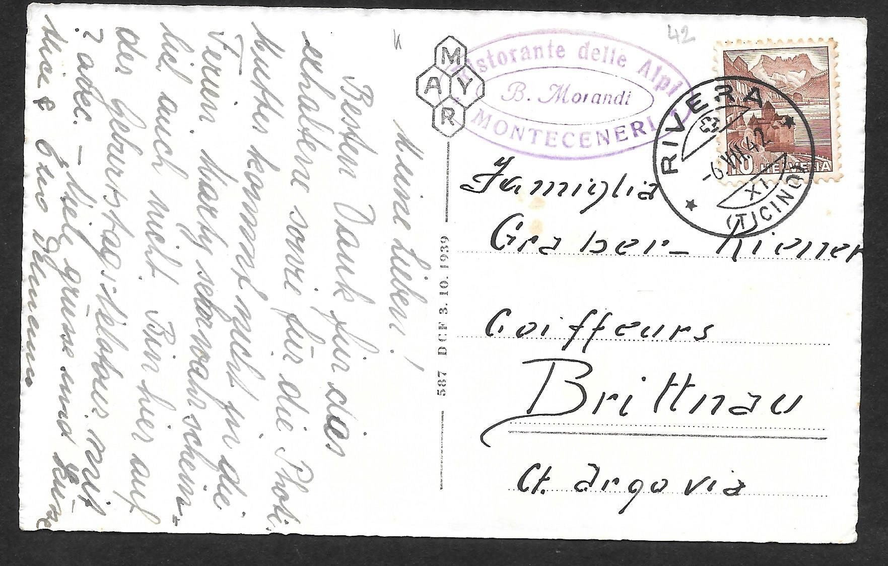 Cartoline postali: Rivera Monte Ceneri Teilansicht mit Restaurantstempel – Usato da Olten venduto da clotaldi 1