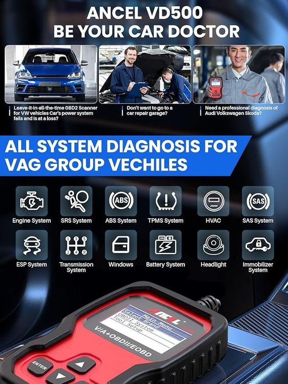 ANCEL AD410PLUS 2-in-1 OBD2 Diagnosegerät & Batterietester – Liest Fehlercodes, Testet 6V/12V Batterien Bis 2000CCA, Inkl. Lebenslangen Updates