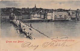 Gruss aus Basel, Gross-Basel mit Rheinbrücke, gelaufen 1902