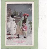 Kitsch Frau Kind Schlitten Schneemann Landschaft 1912