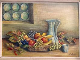 🍂84.5x65/ E. Giger/ Öl Gemälde Stilleben Herbstfrüchte
