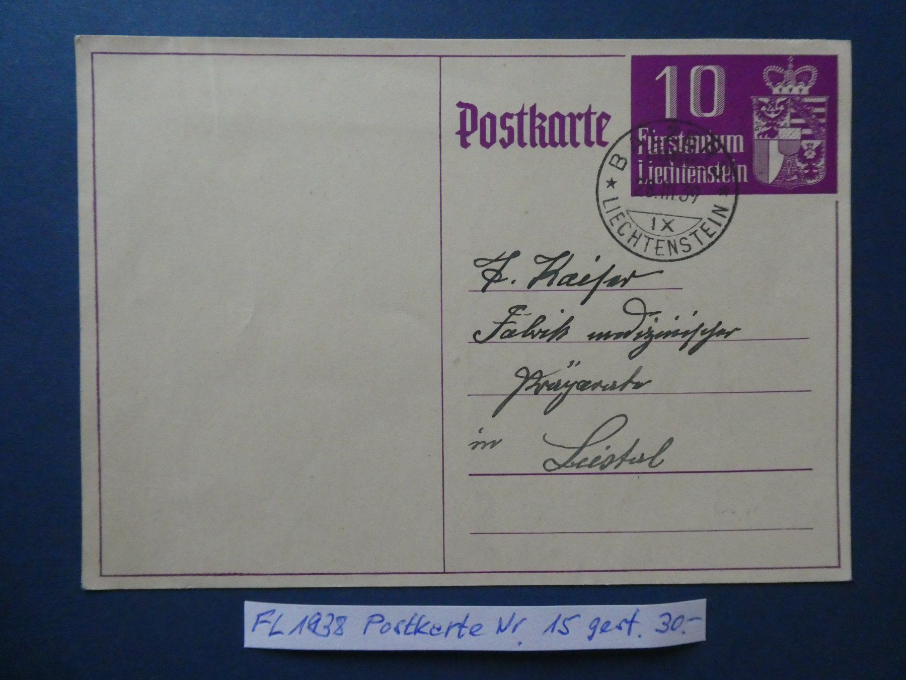 Alle Briefmarken: FL 1938 Postkarte Nr. 15 gestempelt – Gebraucht aus Lausen von Herbamare01