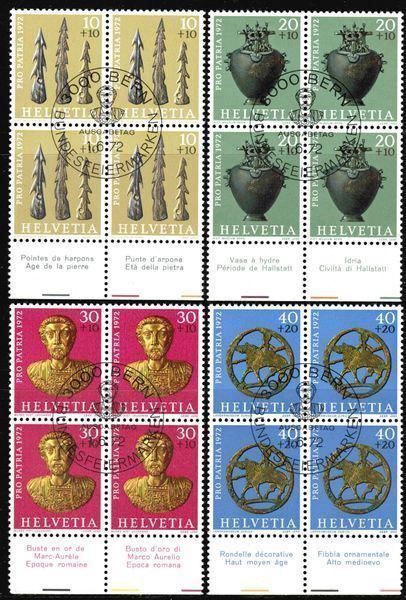 Alle Briefmarken: 1972  PRO PATRIA   4-Block   gest.  Ersttag   mit Bogenrand – Gebraucht aus Mellingen von Ginger