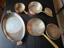 Kupferpfannen innen versilbert mit Messinggriffen (5-tlg.)