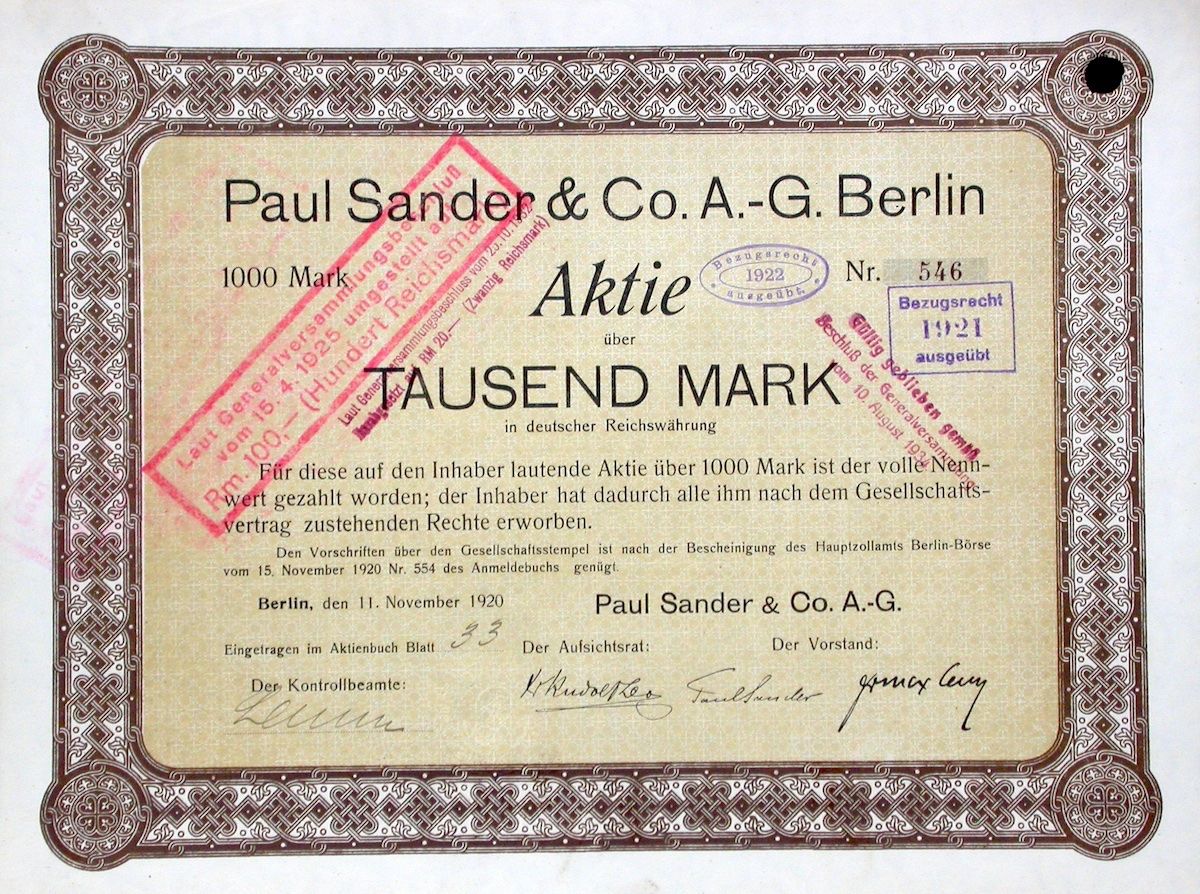 Dokumente: Paul Sander & Co AG, Berlin - 1920 – Gebraucht aus Solothurn von Sgasche