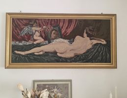 Altes Wandbild Gobelin Goldrahmen Engel & Dame, Rarität!