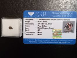 Certified pear diamond, 0.36 carats, SI3, natural!