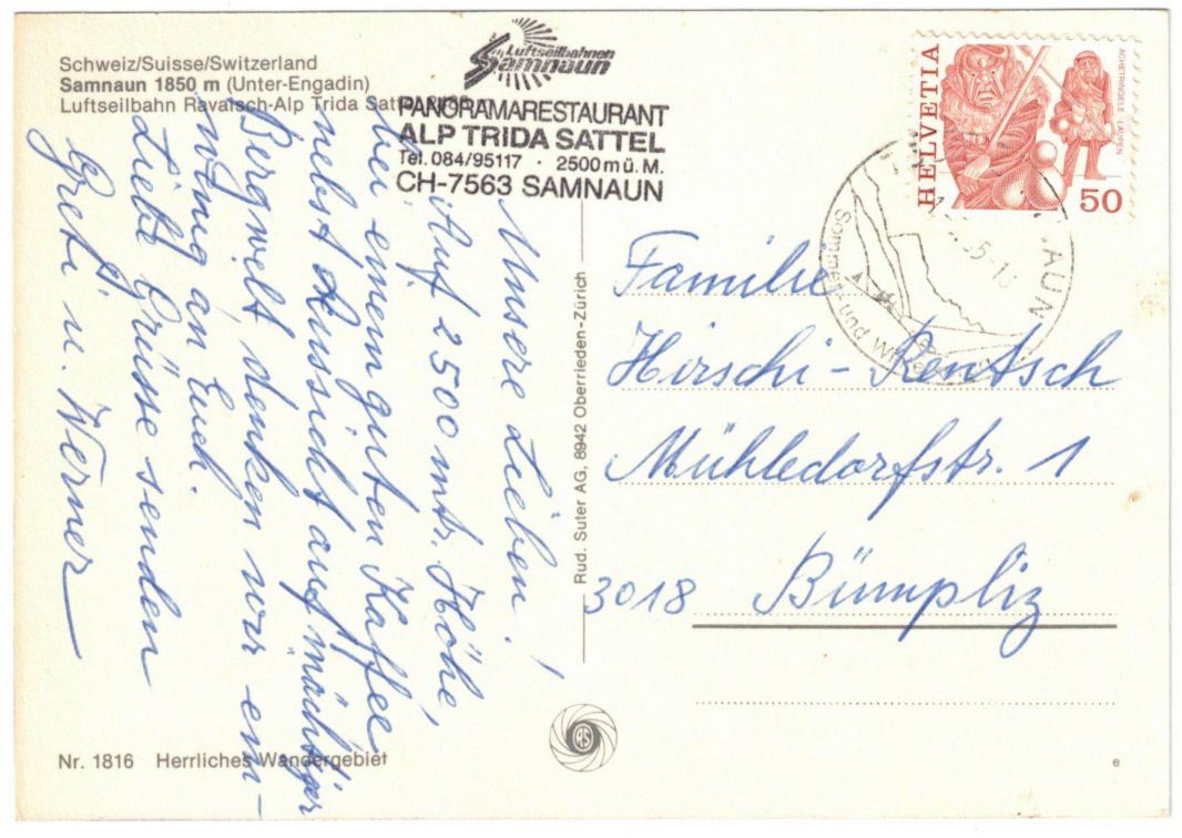 Cartoline postali: Samnaun - Luftseilbahn Ravalsch--Alp Trida – Usato da Binningen venduto da Mountainrider 1