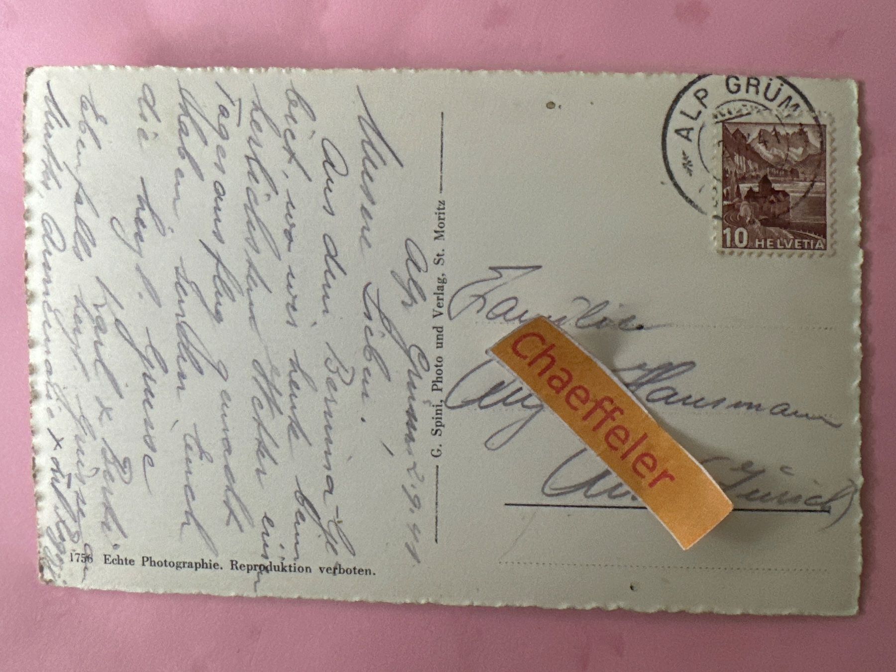 Cartoline postali: 1941 Piz Bernina – Usato da Zürich venduto da Chaeffeler 1