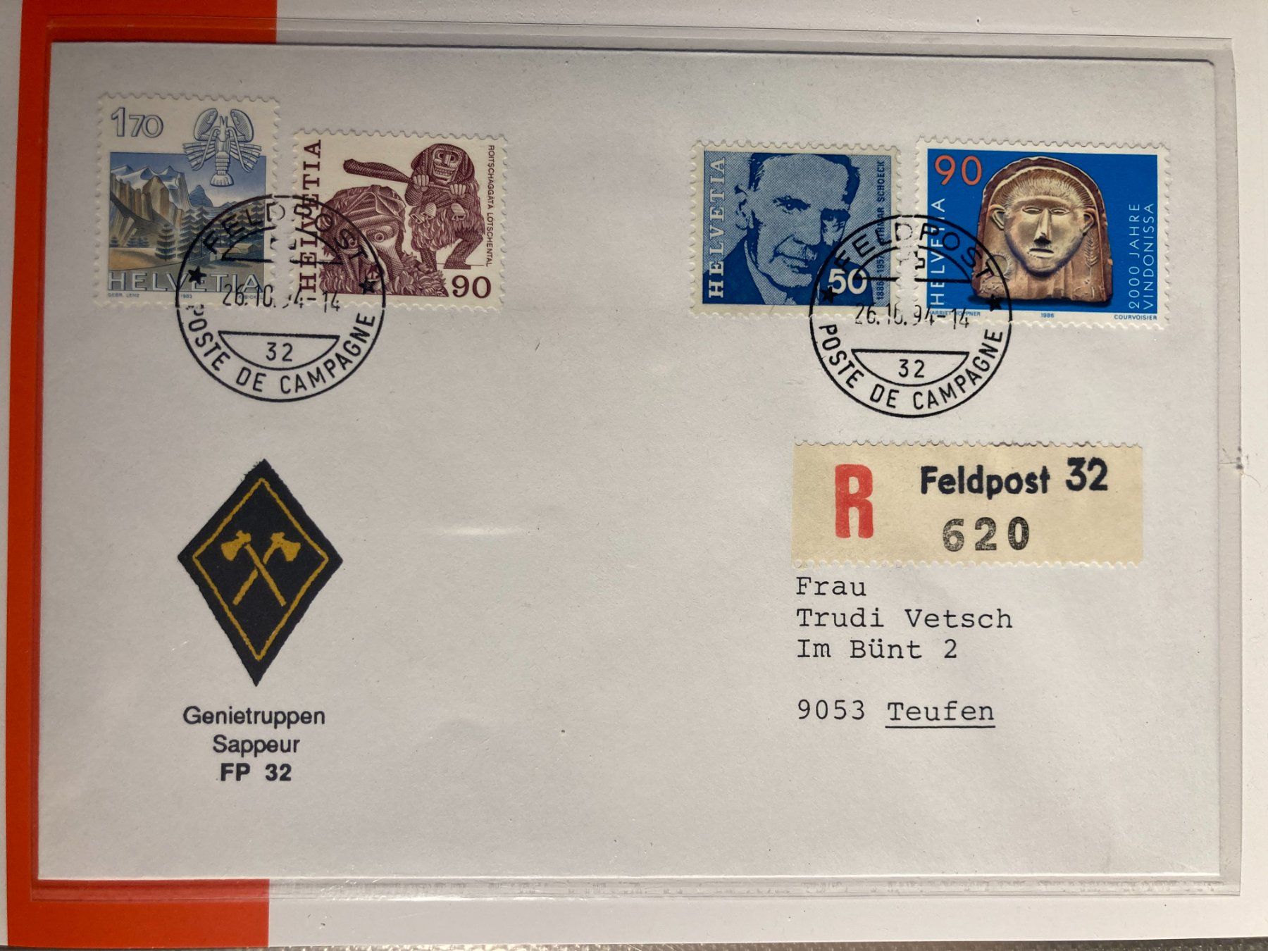 Tutti i francobolli: Schweiz 1994 Feldpost 32 R-Brief Sappeure – Usato da Liestal venduto da schnueps