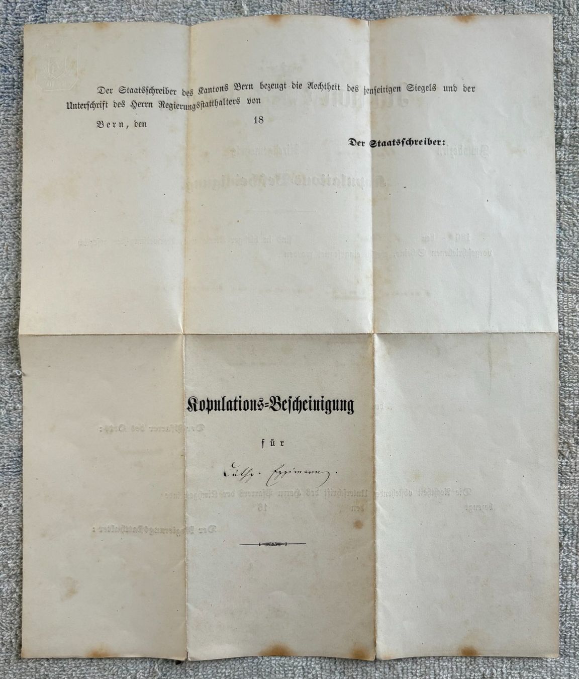 Dokumente: KOPULATIONS BESCHEINIGUNG KANTON BERN 1868 – Gebraucht aus Ostermundigen von wini63 2