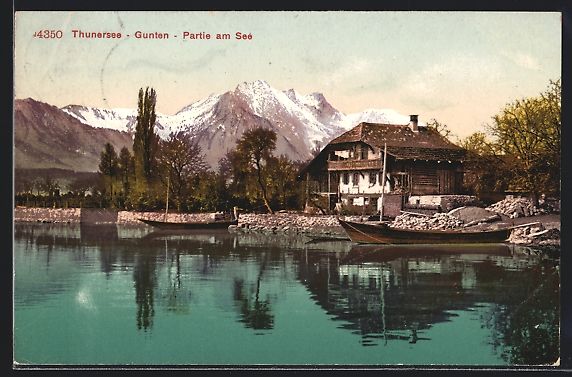 Cartoline postali: AK Gunten, Häuserpartie am Thunersee – Usato da Berlin venduto da bartko-reher