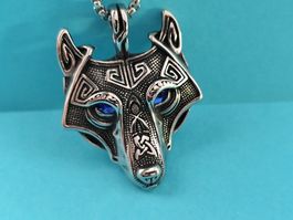 Wolfskopf Keltisch Design mit Blauen Augen - Modeschmuck!
