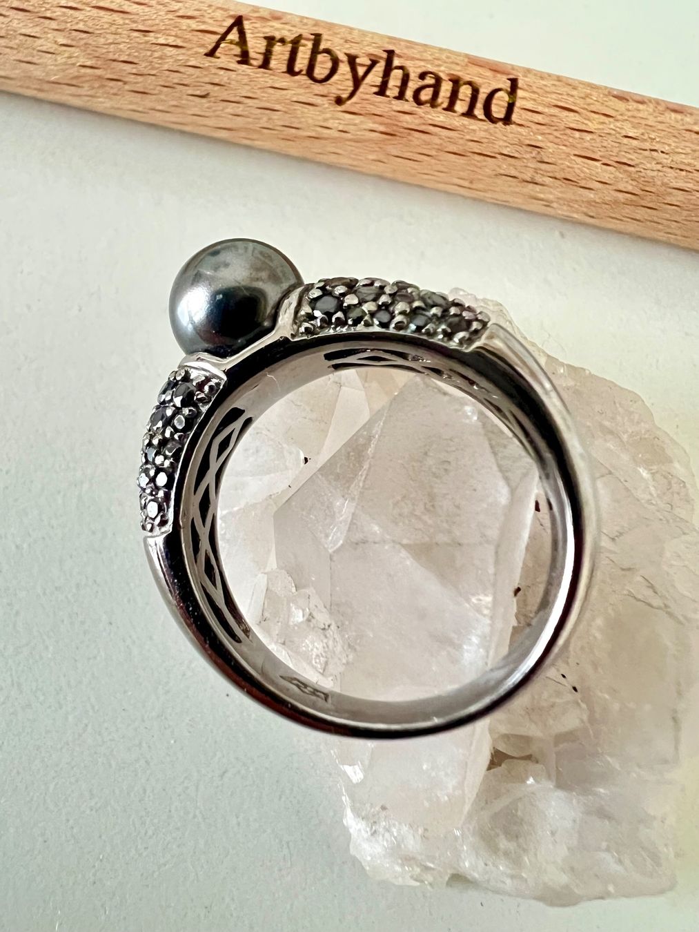 Anelli: 925 Silberring mit dunkler Zucht-Perle & Pavé Besatz – Usato da Ruswil venduto da artbyhand 9
