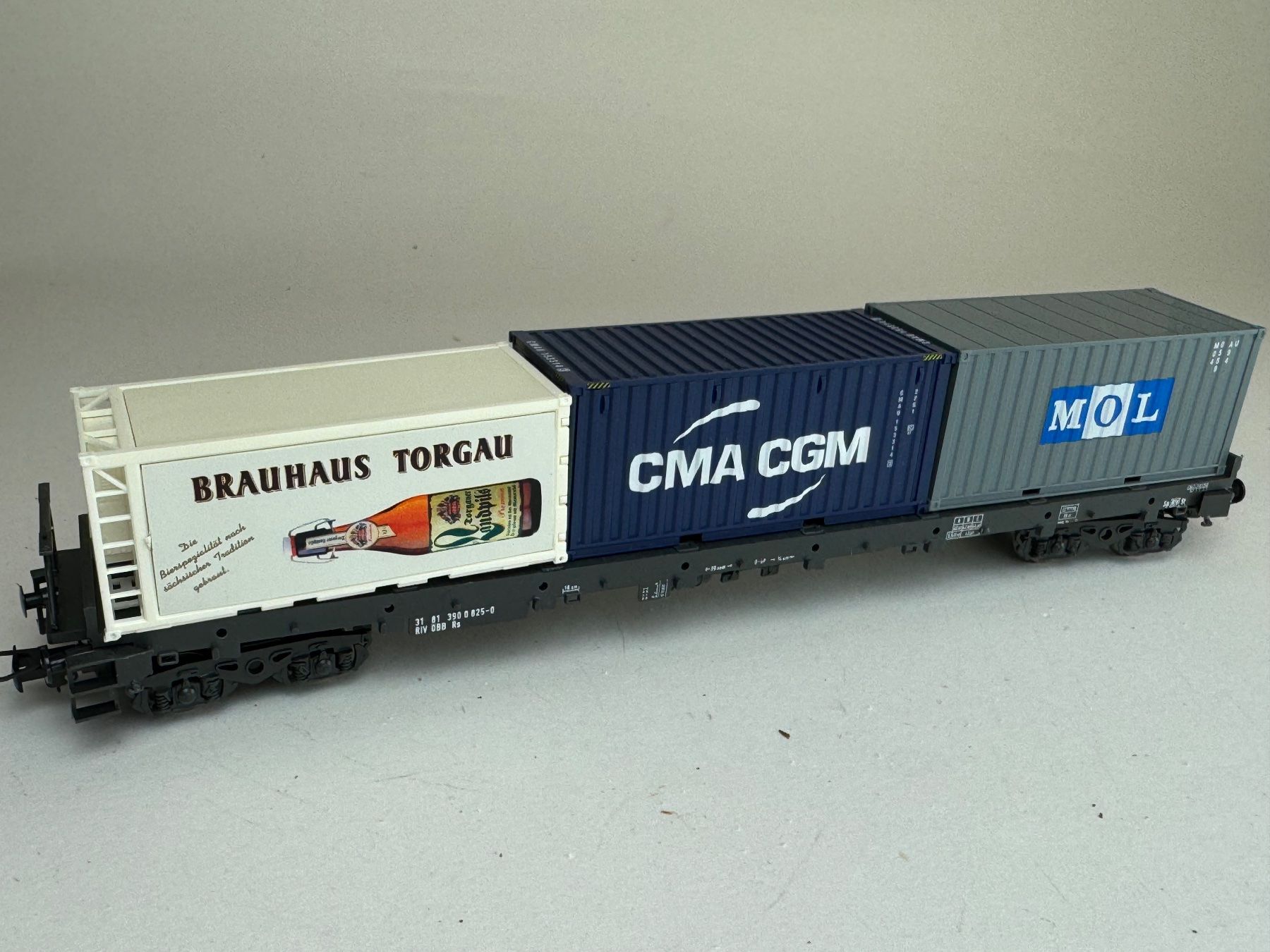 Liliput Modellini di ferrovie: Liliput Containerwagon GMA;MOL; Brauhaus Torgau – Usato da Elm venduto da Wikmtz 1