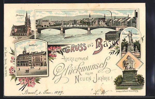 Cartoline postali: Litho Basel, Münster, Rathaus, Denkmal  – Usato da Berlin venduto da bartko-reher