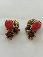 Ohrclips Rot mit Blumen und Blättern goldfarben