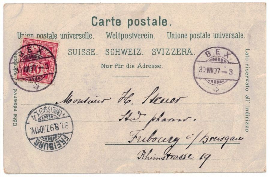 Cartoline postali: Souvenir de Bex, lithographie, circulée 1897 – Usato da Frauenfeld venduto da POML 1
