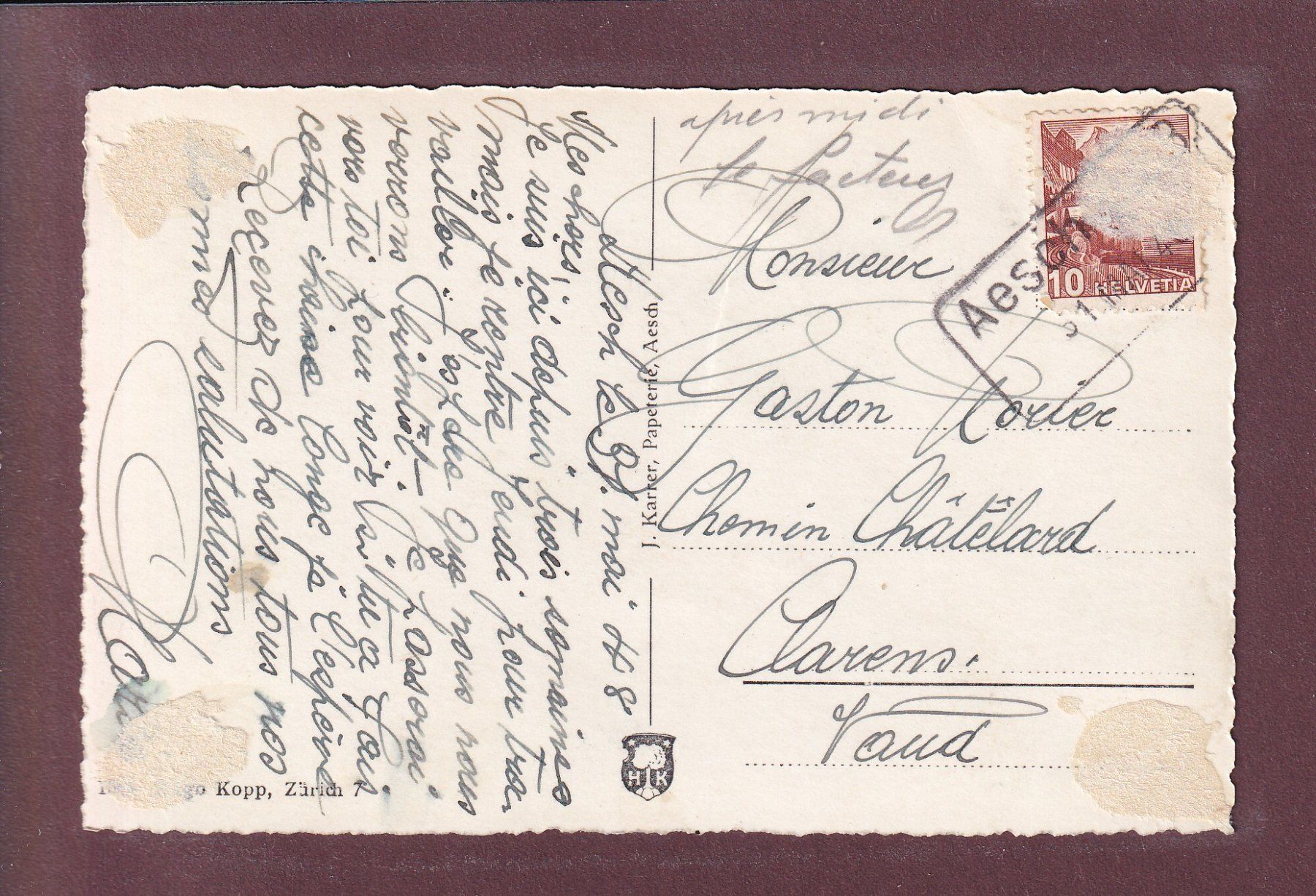 Ansichtskarten: SCHLOSS ANGENSTEIN bei Aesch - 1948 – Gebraucht aus Pully von nicecards 1