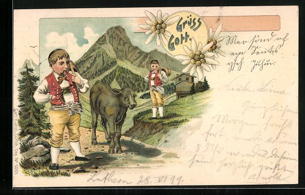 Cartoline postali: Litho Männer in Schweizer Tracht mit Ku – Usato da Berlin venduto da bartko-reher