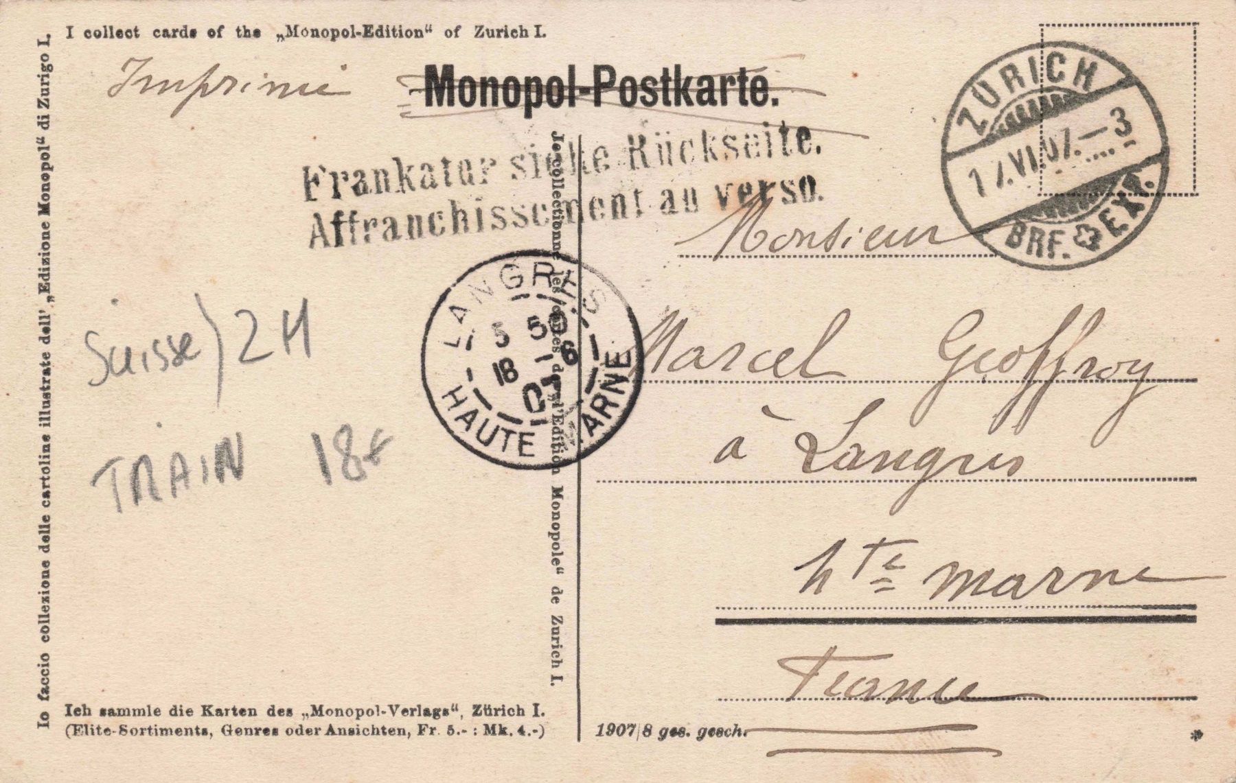 Cartoline postali: Ferrovia Eisenbahn Zürich Bahnhof – Usato da Biasca venduto da Blenio71 1