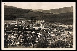 AK Olten, Panorama der Stadt mit Kirchen und Eisenbahnbrücke
