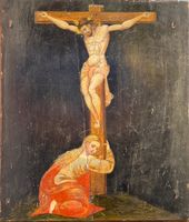 Dipinto antico, olio su tavola, crocifissione, XVII