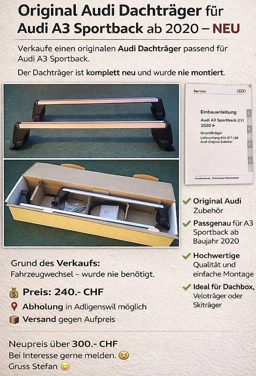 Portapacchi: Dachträger für Audi A3 – Usato da Adligenswil venduto da Steffsimi