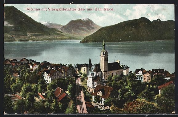 Cartoline postali: Vitznau, Ortsansicht mit Vierwaldstätte – Usato da Berlin venduto da bartko-reher