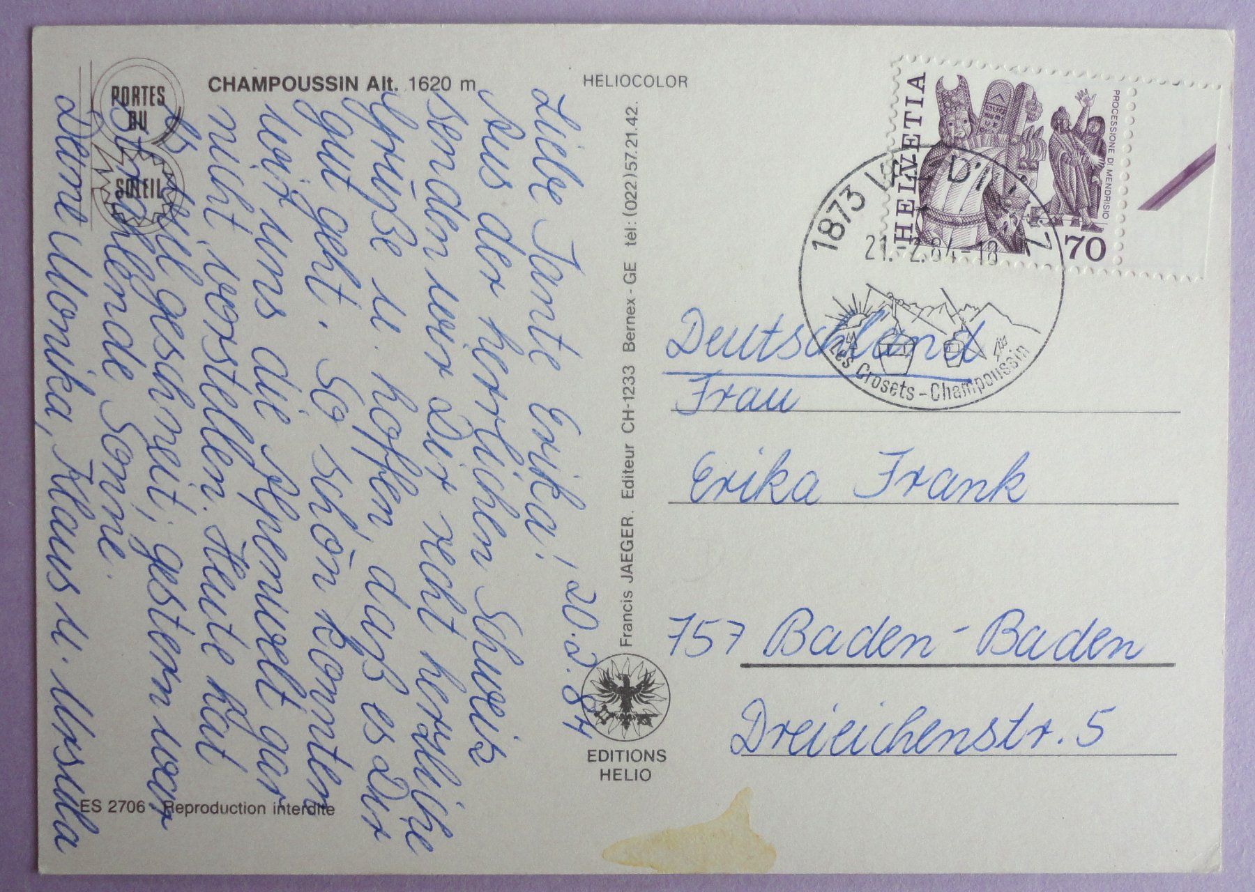 Cartoline postali: Champoussin, alt. 1620 m – Usato da Fétigny venduto da Billy2miny 1