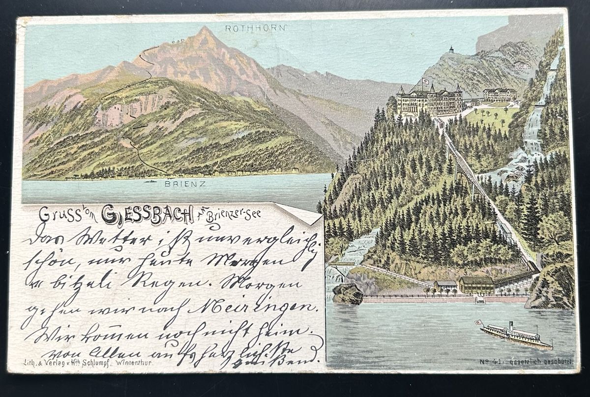 Ansichtskarten: Gruss aus Giessbach Schlumpf Litho  – Gebraucht aus Horw von Tellbub