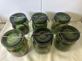 6 Stück alte Einmachgläser aus Glas, grün, Schweizer Bülach
