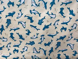 Tissu coton blanc cassé imprimé requins