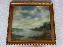 Gemälde Flusslandschaft, gerahmt, stimmungsvoll, Vintage