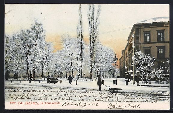 Cartoline postali: AK St. Gallen, Kantonsschule im Schnee – Usato da Berlin venduto da bartko-reher