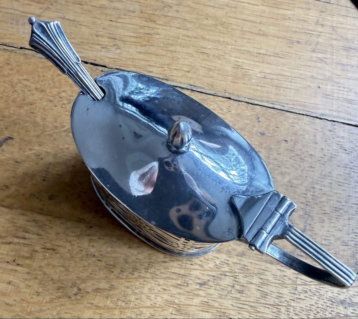 Pentole: Silber Senftopf, Nathan & Hayes, 1904 mit Silberlöffel. – Usato da Bern venduto da firefly-high 2