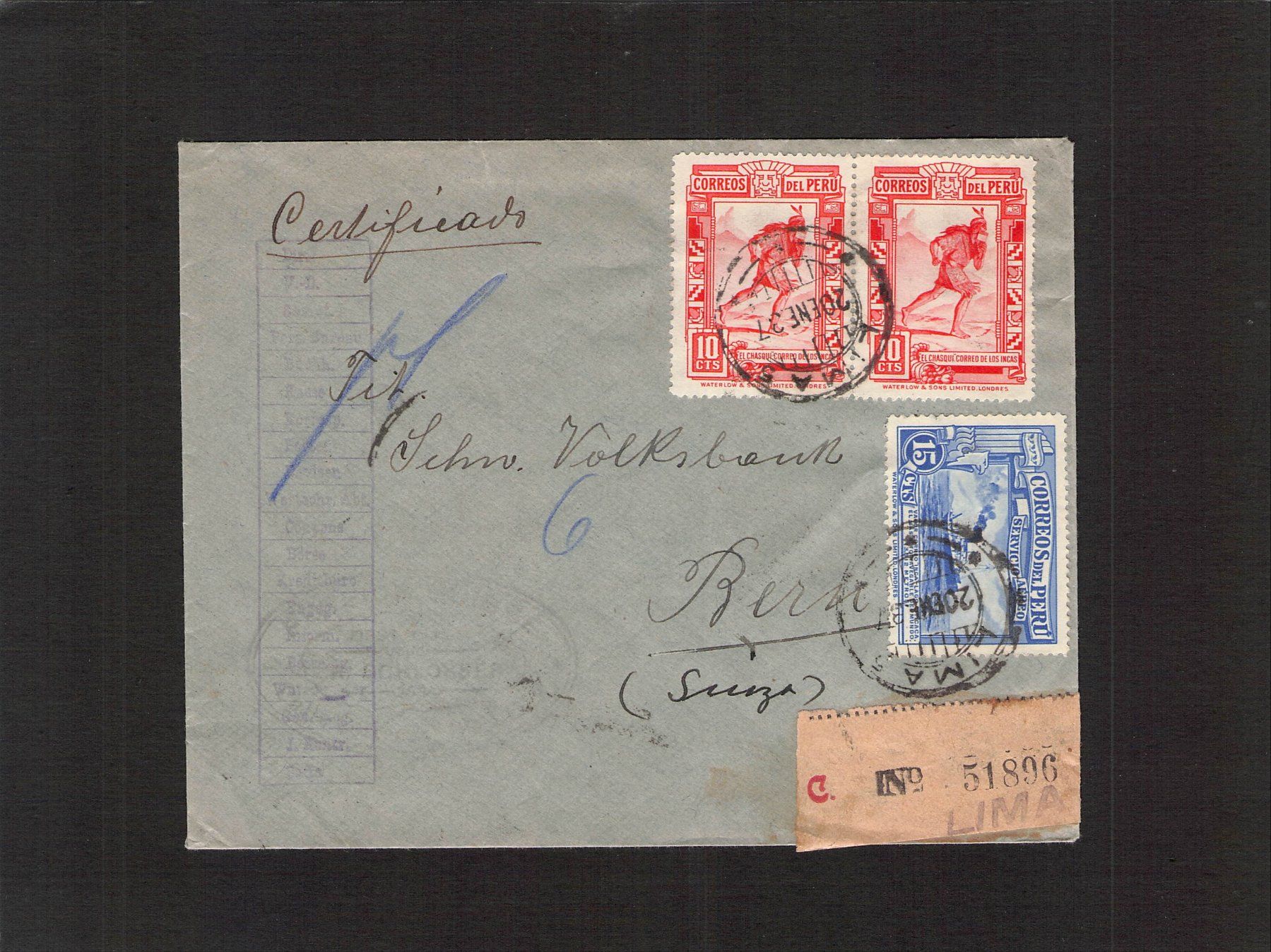 Alle Briefmarken: Bedarfsbrief Peru  - Bern  , gel. 1937 – Gebraucht aus Reichenburg von ibiza18