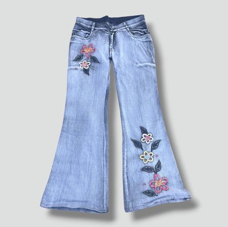Floral embroidered vintage wide leg jeans damen hose