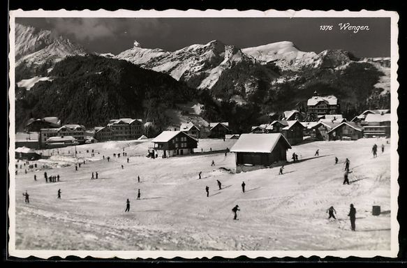 Cartoline postali: Wengen, Winteransicht mit Skifahrern und – Usato da Berlin venduto da bartko-reher