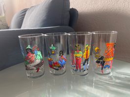 4 Retro Winter Gläser Set mit Ski Sujet, Vintage Design