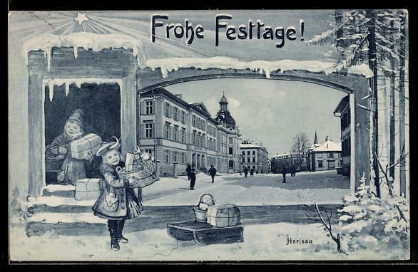 Cartoline postali: Herisau, Ortsansicht im Winter mit Schli – Usato da Berlin venduto da bartko-reher