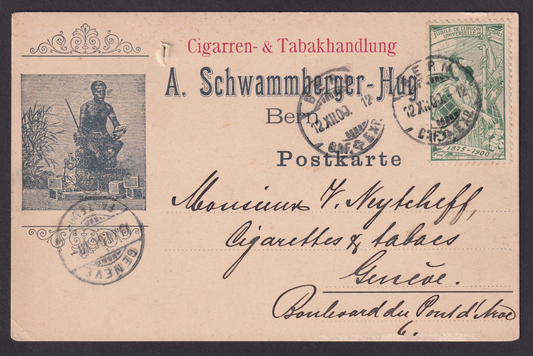 Tutti i francobolli: BERN 1900 UPU, illustrierte Postkarte, Werbung ZIGARREN – Usato da Ebikon venduto da SilvioFreund