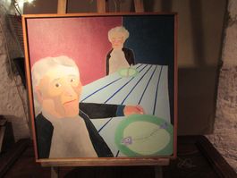 Peinture originale Guy 1984 80x70cm 2 personnes table poi...