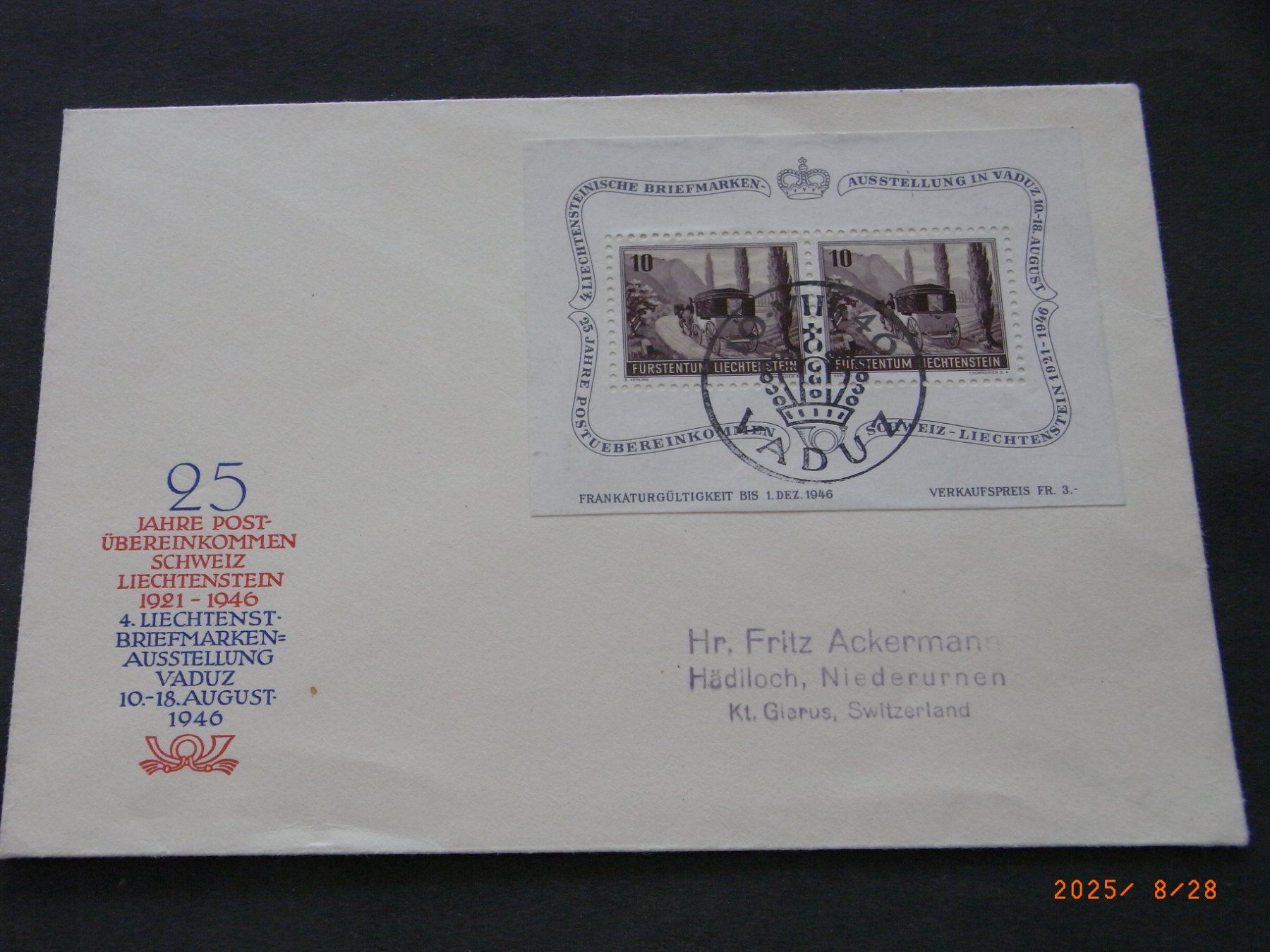 Tutti i francobolli: Fl 1946 W19 FDC 10.8.1946 – Usato da Ittigen venduto da shetland