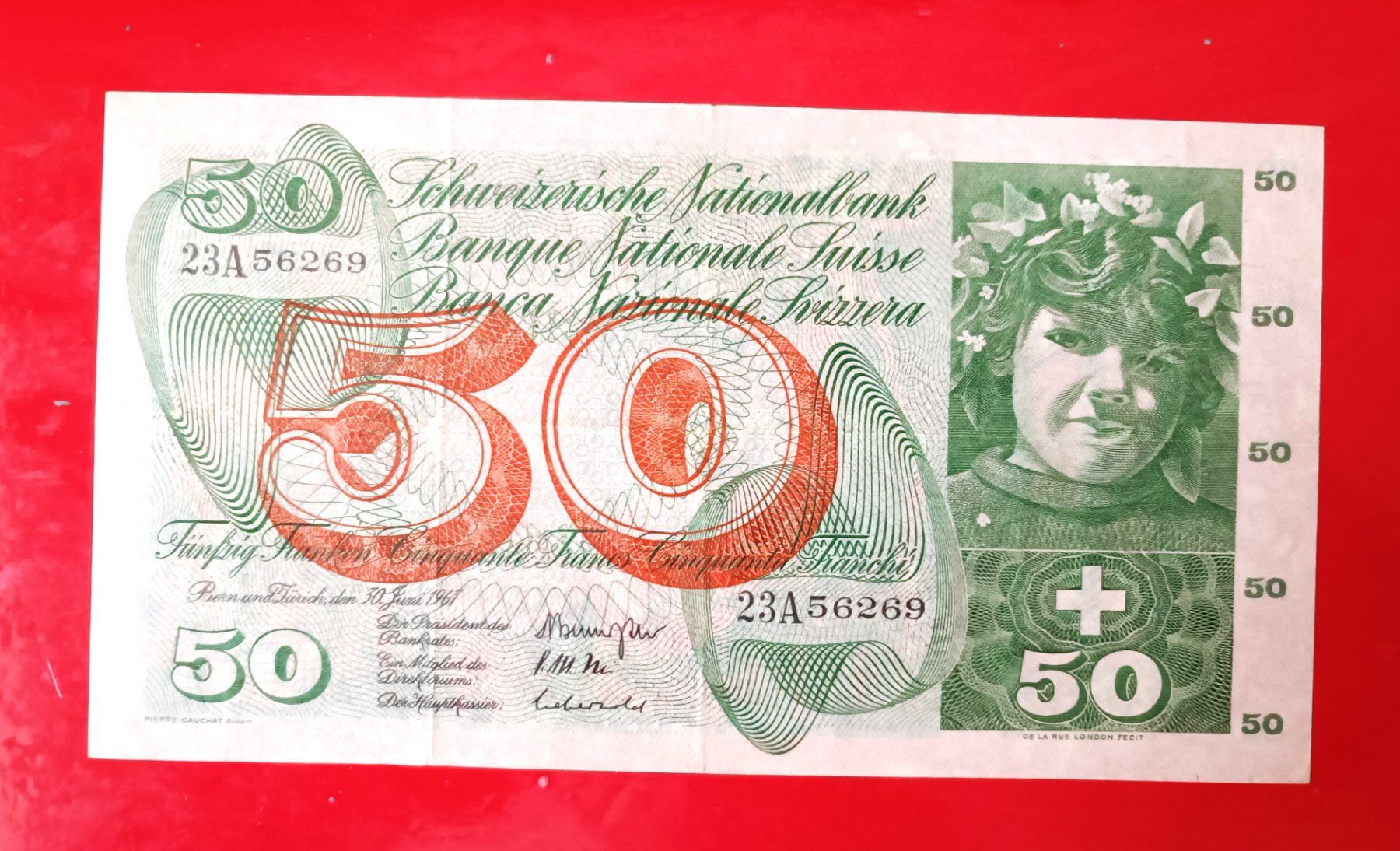 Banconote: Alte Schweizer NOTE 50 FR Typ Apfelernte 30 Juni 1967 Bern – Usato da Glis venduto da MYS-Wallis2020