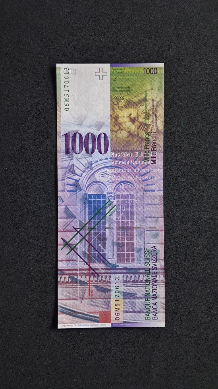 Banconote: Schweiz 1000 Franken 2006 Unc – Nuovo e nell'imballaggio originale da Lufingen venduto da E-Auktion 1